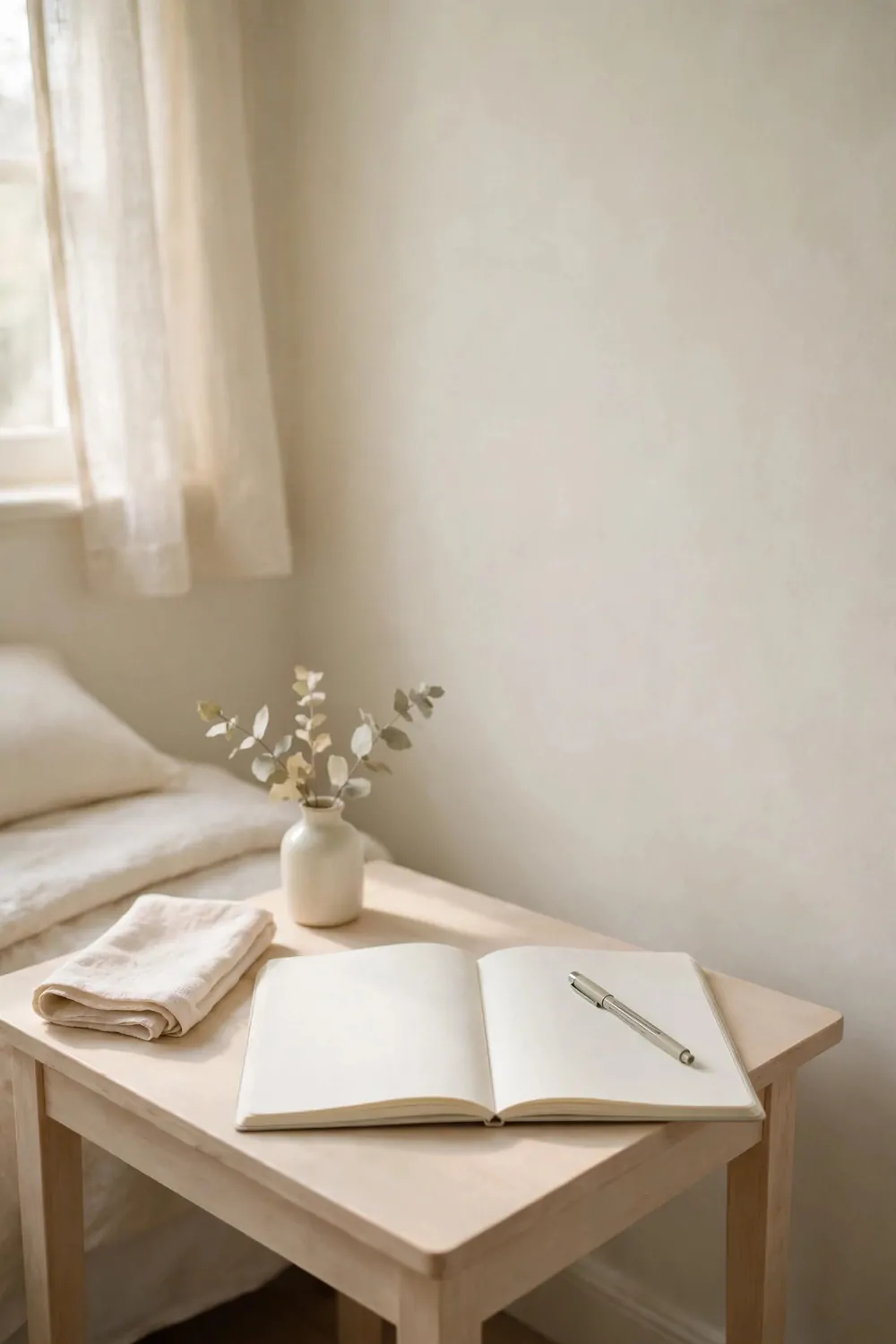 19 Work Space in Bedroom Ideas That Actually Feel Calm 18 A plain open notebook with a pen on a small desk in a pale bedroom, soft light, quiet