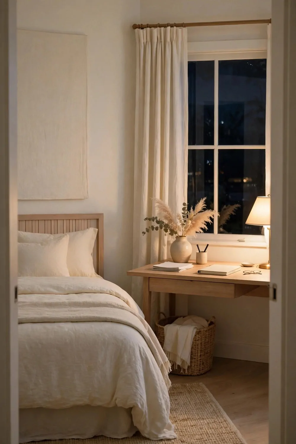 19 Work Space in Bedroom Ideas That Actually Feel Calm 19 A calm pale bedroom office at night, desk tidy, bed made, soft lamp glow, quiet evening