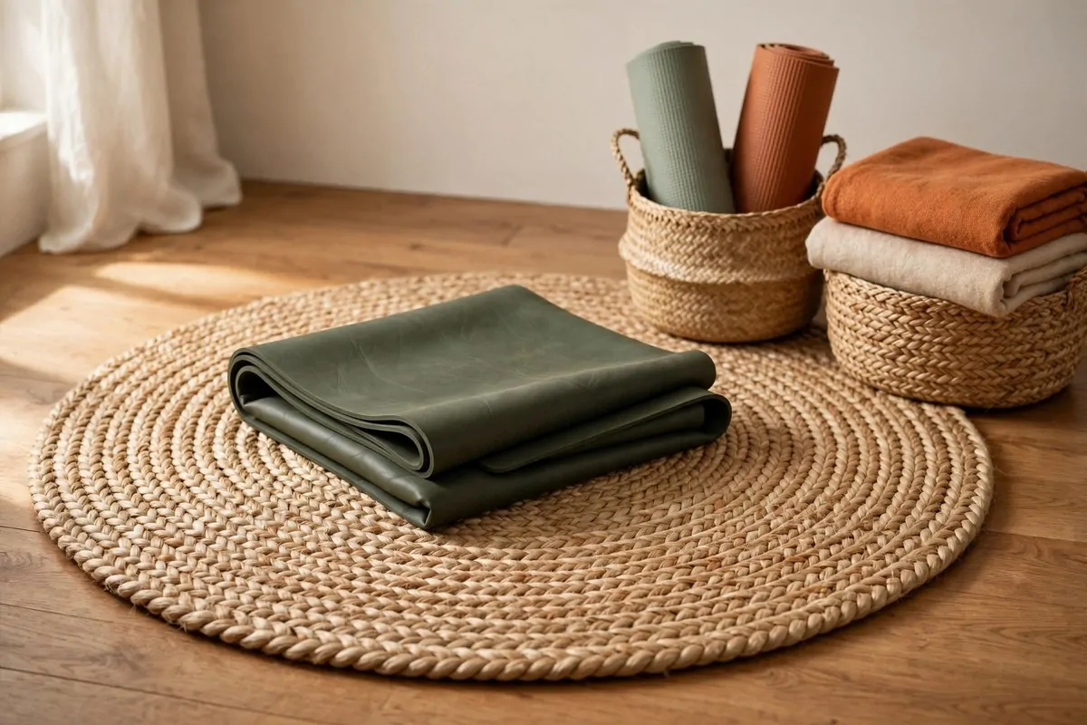 Round jute rug under a yoga mat in a warm Yoga Studio Inspiration space