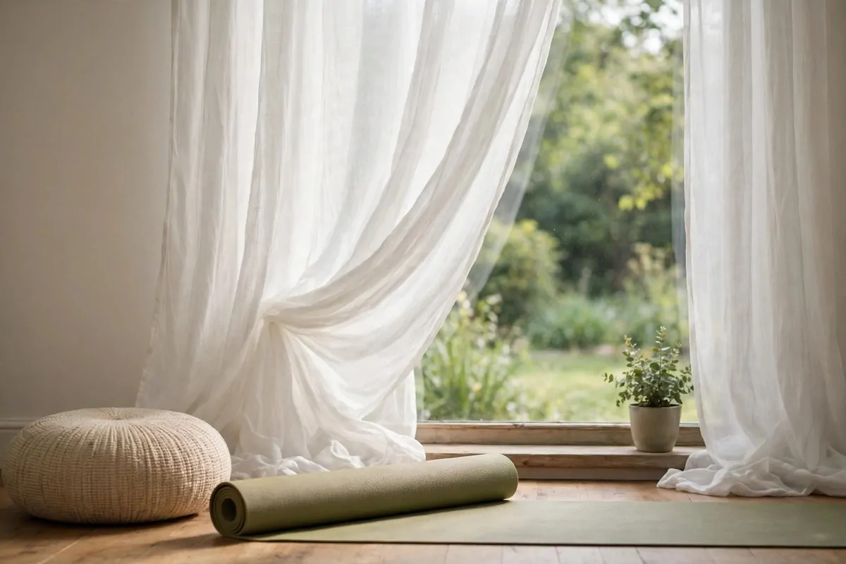 Yoga Studio Inspiration setup beside a tall window with flowing sheer curtains