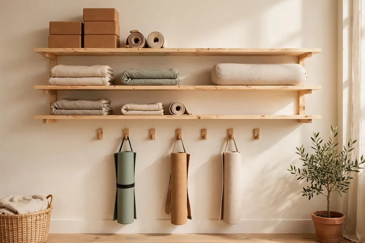 Open wooden shelves holding yoga props in a Yoga Studio Inspiration practice room