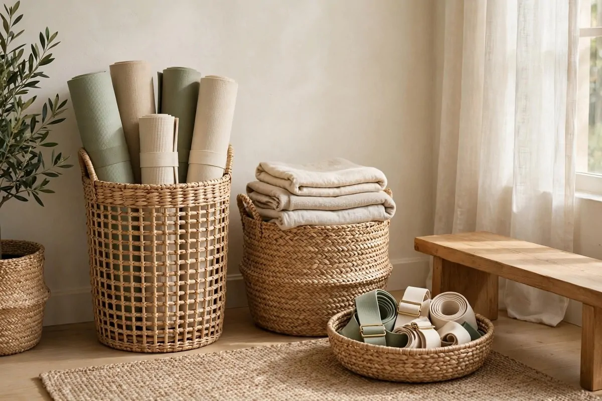 Woven seagrass baskets storing yoga gear in a Yoga Studio Inspiration corner