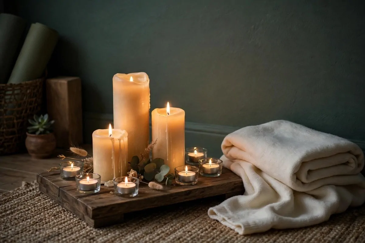 Glowing candle corner for evening Yoga Studio Inspiration practice