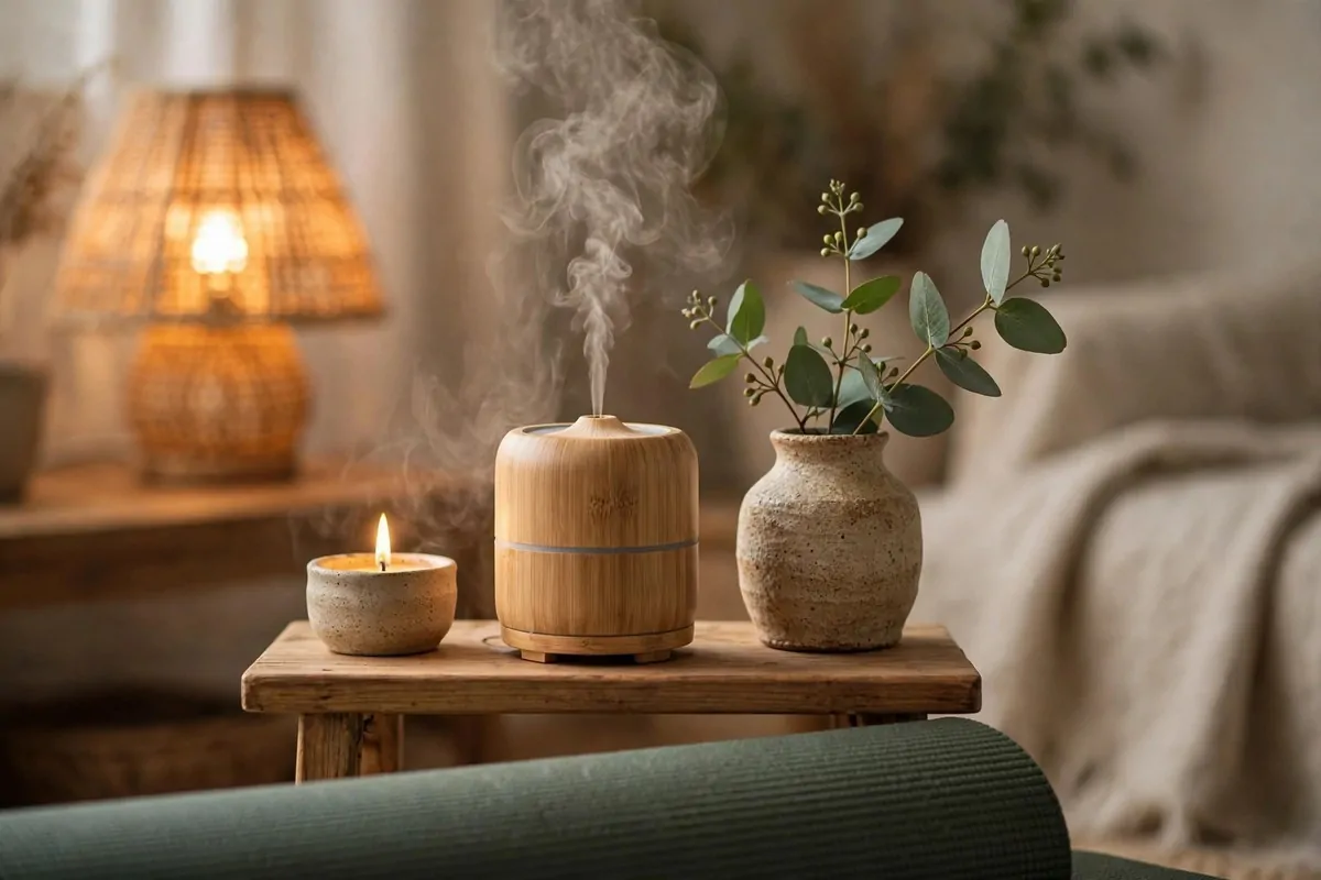 Essential oil diffuser with gentle mist in a calm Yoga Studio Inspiration room