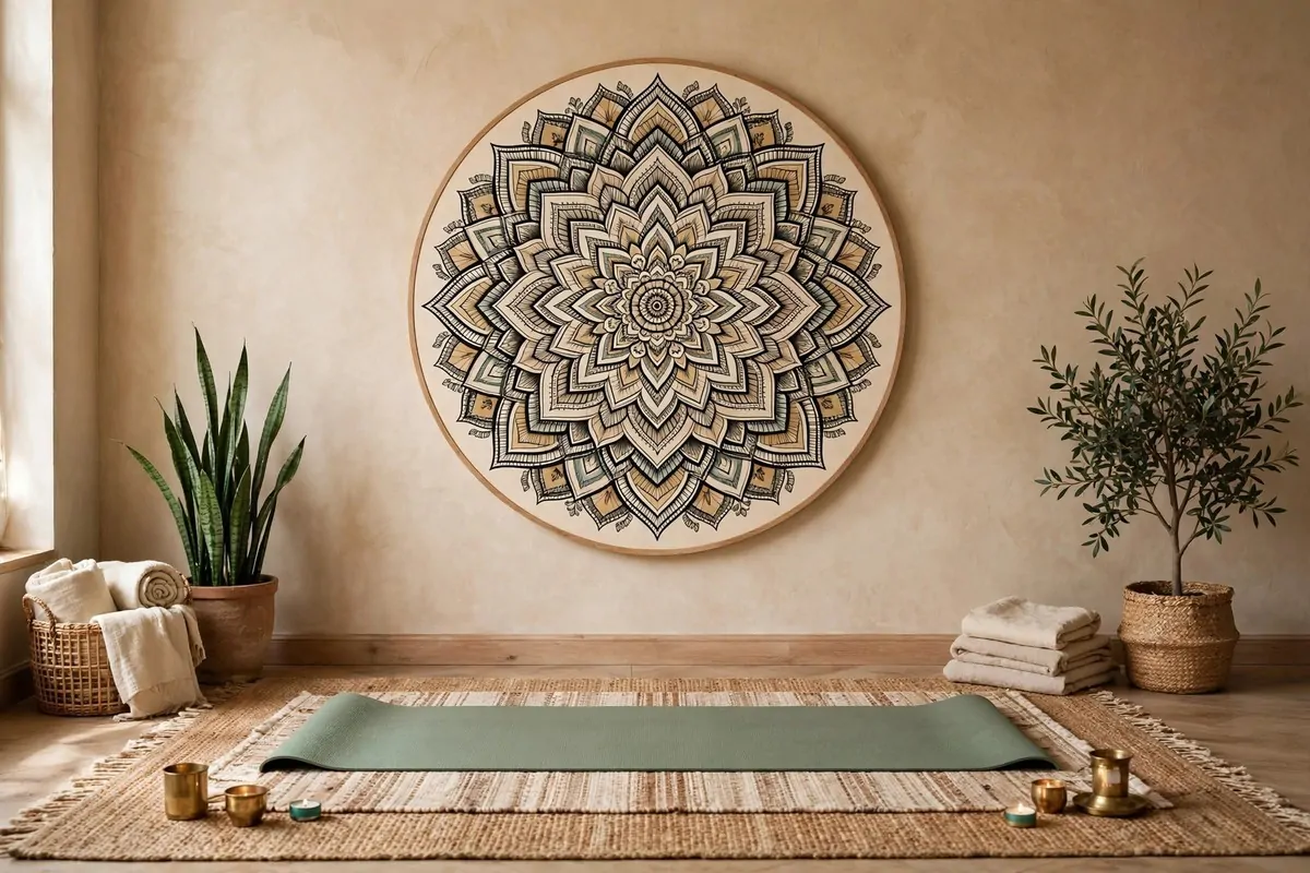 Large mandala wall art as focal point in a Yoga Studio Inspiration room