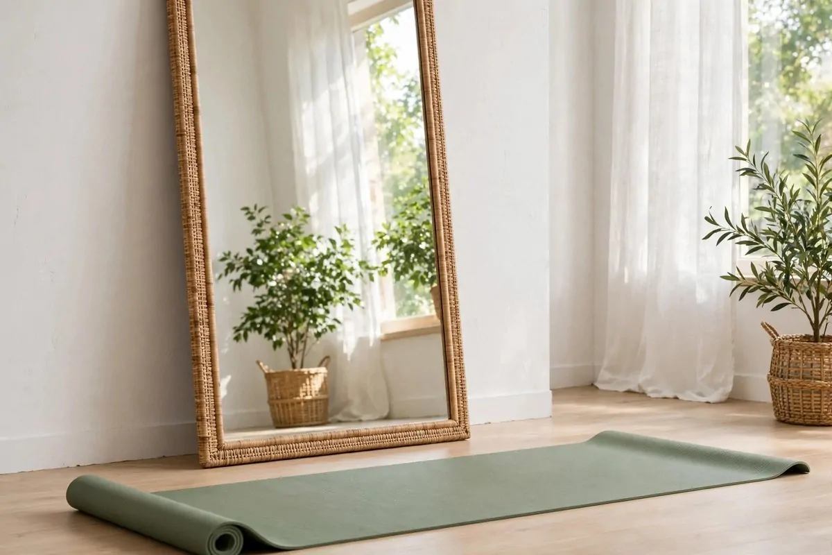 Full-length mirror with rattan frame in a bright Yoga Studio Inspiration space