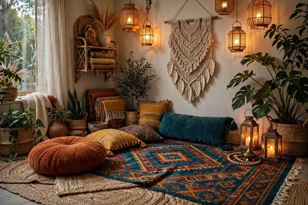 Boho layered rugs and floor cushions in a cozy Yoga Studio Inspiration corner
