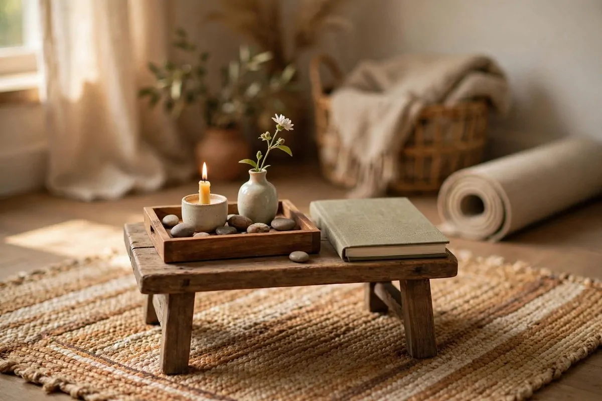 Small wooden altar tray with candle and flower in a Yoga Studio Inspiration corner