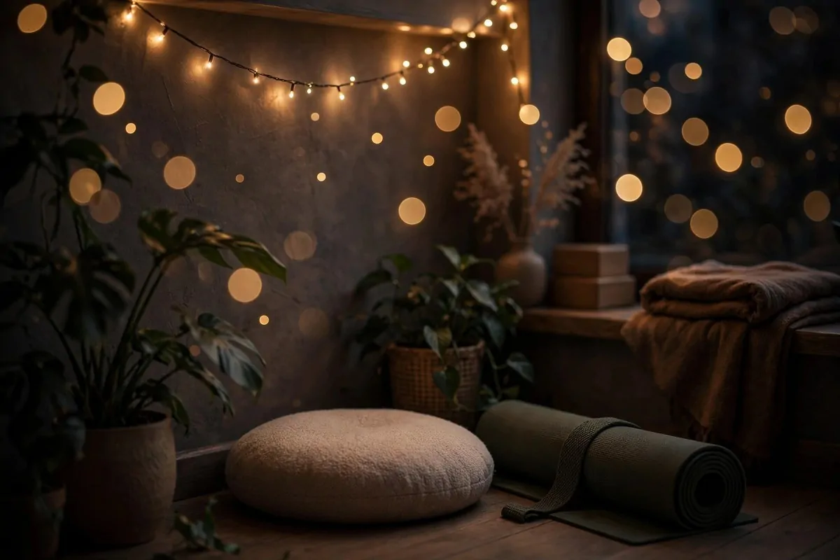 Warm fairy lights draped over a cozy Yoga Studio Inspiration practice corner