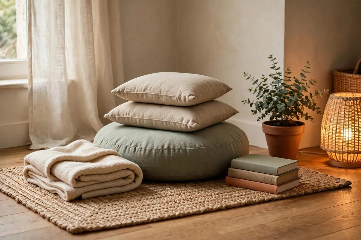 Floor meditation nook with cushions and throw in a peaceful Yoga Studio Inspiration room