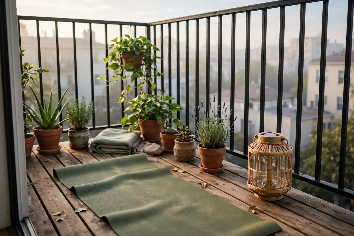Outdoor balcony yoga corner with plants in a fresh Yoga Studio Inspiration setting