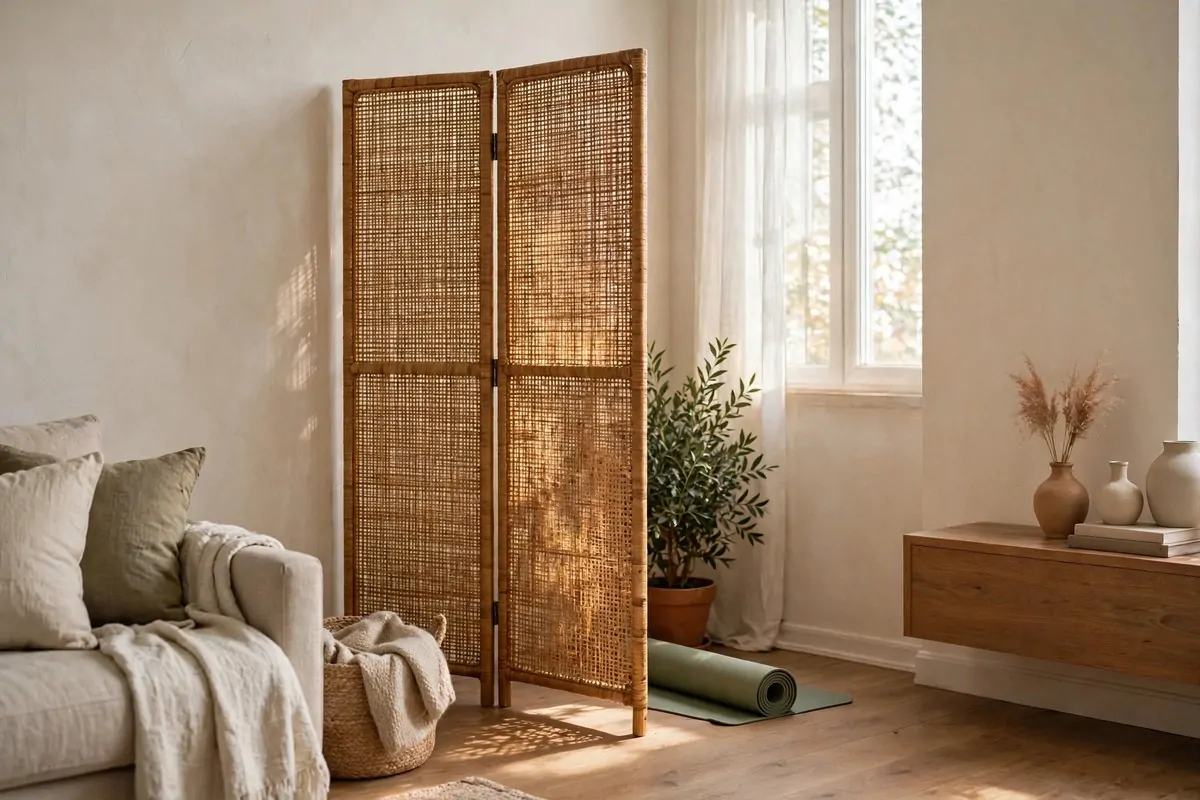Rattan folding screen creating a private Yoga Studio Inspiration nook