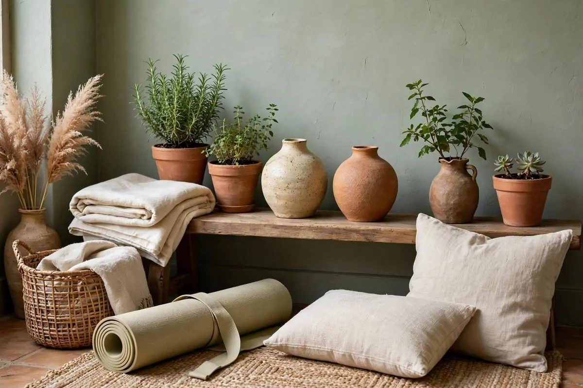 Earthy sage wall with terracotta clay pots in a Yoga Studio Inspiration space