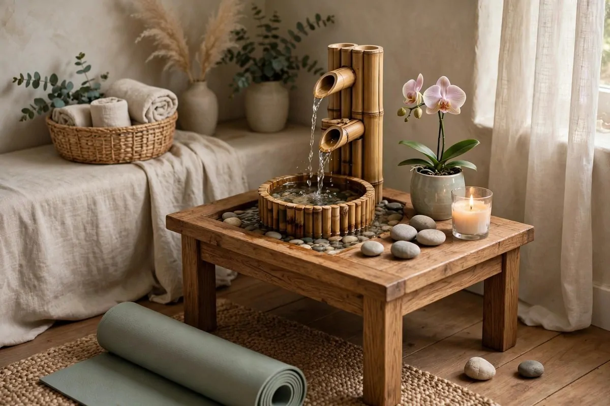 Small tabletop water fountain beside a Yoga Studio Inspiration practice area
