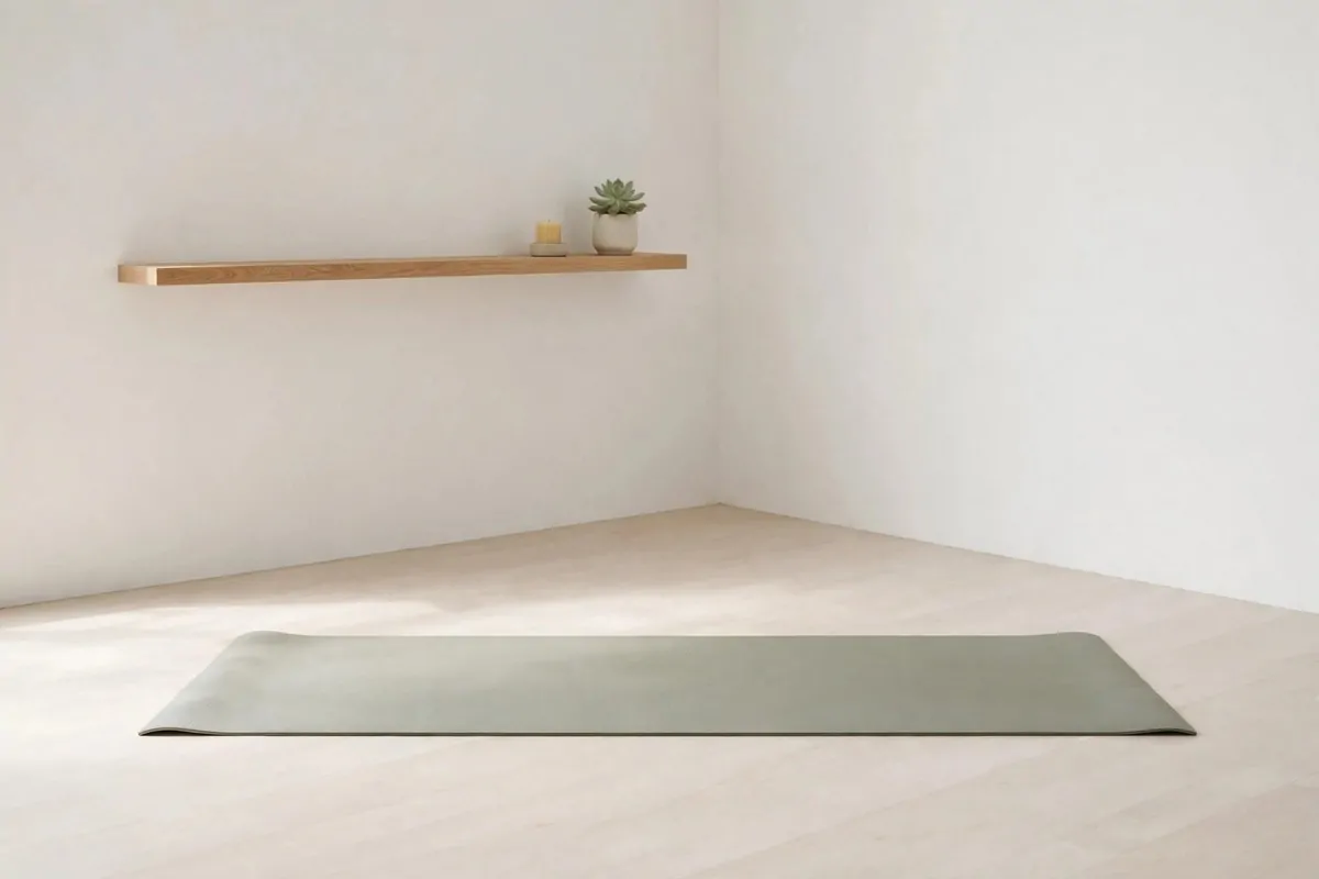 Ultra minimal zen corner with single mat in a Yoga Studio Inspiration room