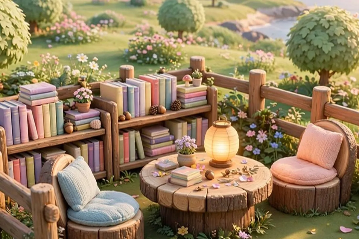 20 Acnh Ideas for Empty Space on Your Island 1 Outdoor library nook on a game island with wooden bookshelves, log chairs and a glowing lantern