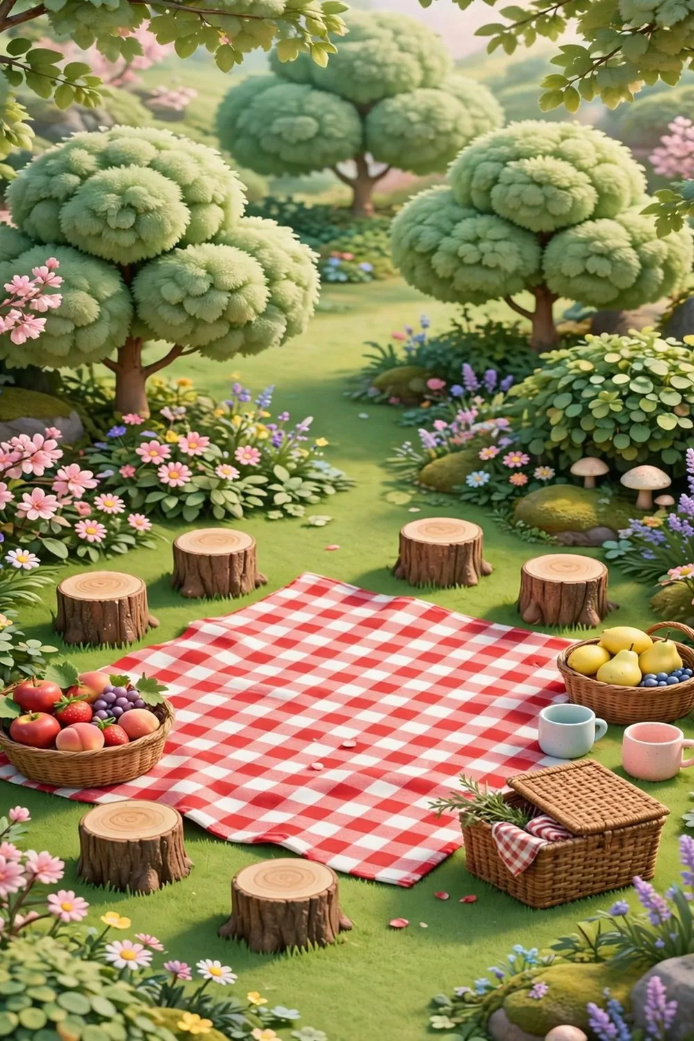 20 Acnh Ideas for Empty Space on Your Island 2 Checkered picnic blanket with log stools, fruit baskets and flowers on a game island