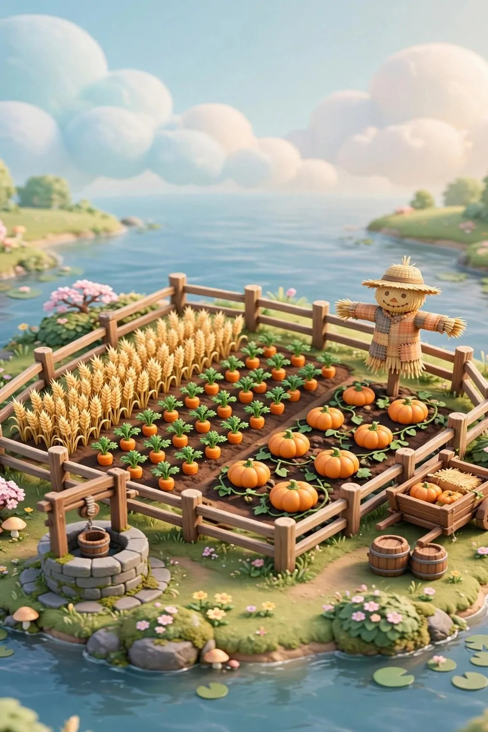 20 Acnh Ideas for Empty Space on Your Island 3 Tiny fenced crop farm with wheat, carrots, pumpkins, scarecrow and handcart on a game island
