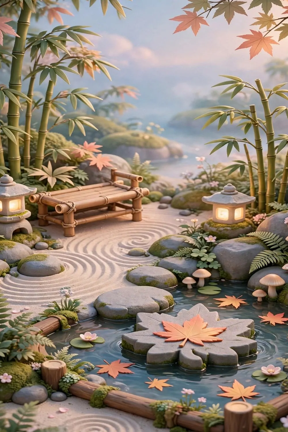 20 Acnh Ideas for Empty Space on Your Island 4 Zen garden corner with raked sand, rocks, bamboo and stone lanterns on a game island