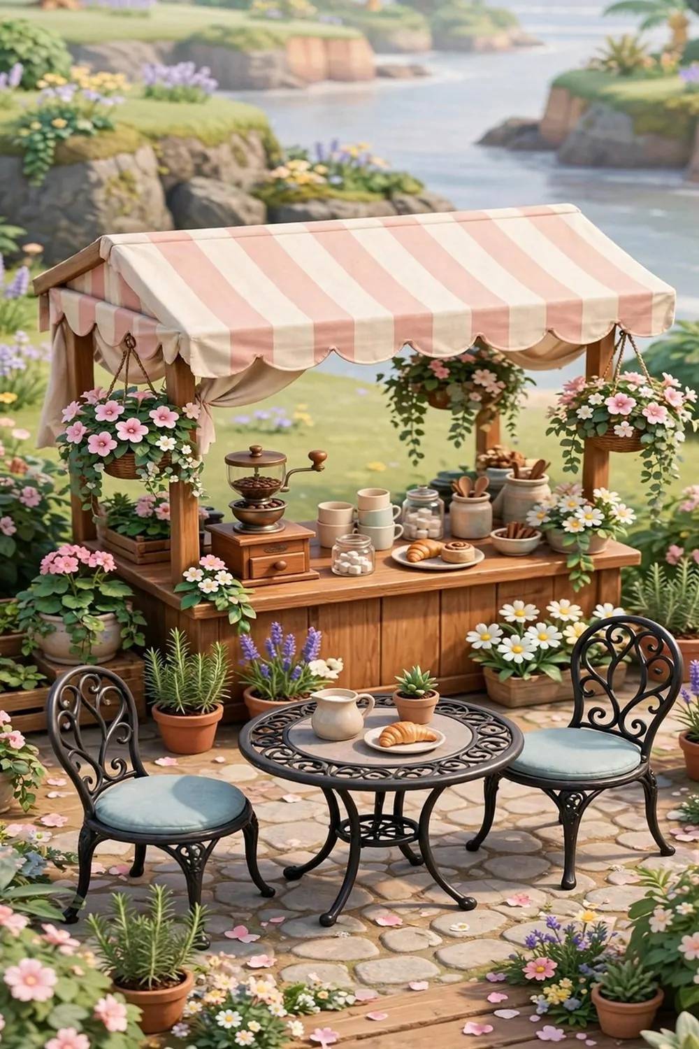 20 Acnh Ideas for Empty Space on Your Island 5 Outdoor cafe terrace with iron table, coffee stall and striped awning on a game island