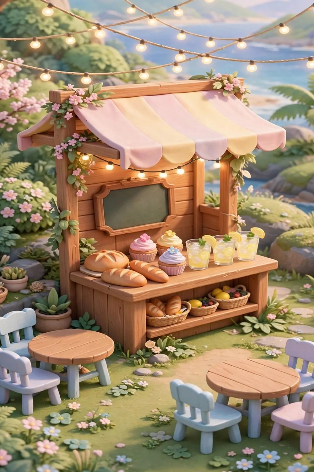 20 Acnh Ideas for Empty Space on Your Island 6 Wooden bakery stall with bread, cupcakes and lemonade cups on a game island