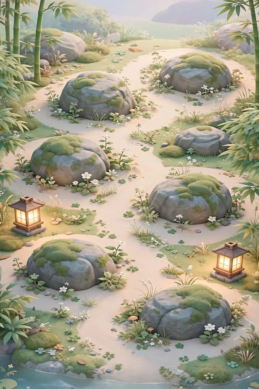 20 Acnh Ideas for Empty Space on Your Island 7 Rock garden with mossy boulders, sand paths and garden lanterns on a game island