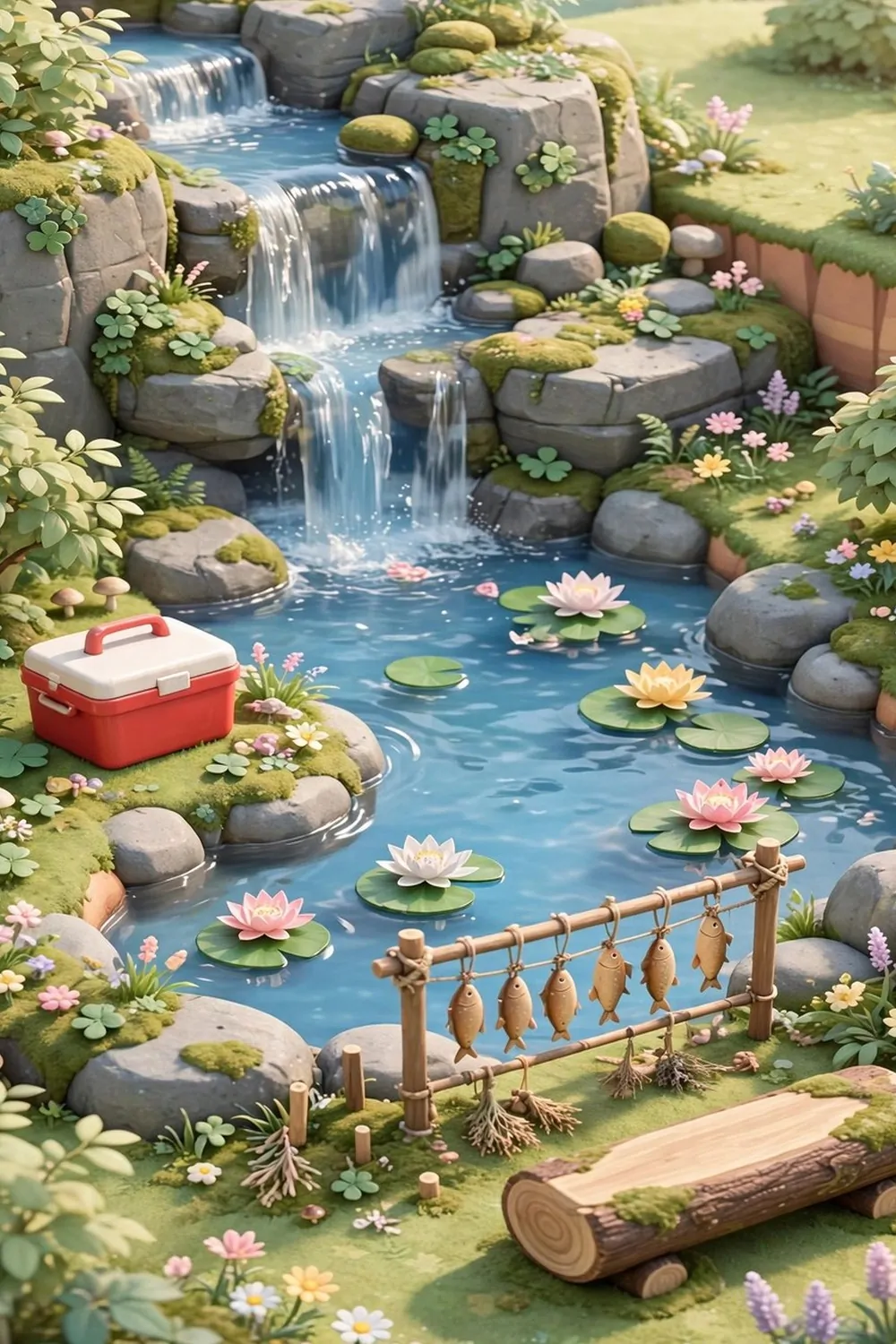 20 Acnh Ideas for Empty Space on Your Island 8 Tiny fishing pond with waterfall, cooler box and log bench on a game island