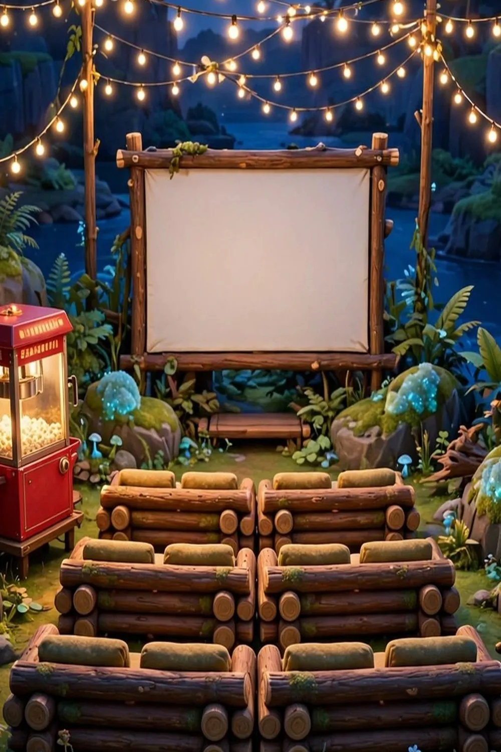 20 Acnh Ideas for Empty Space on Your Island 9 Outdoor cinema at night with log sofas, movie screen and fairy lights on a game island