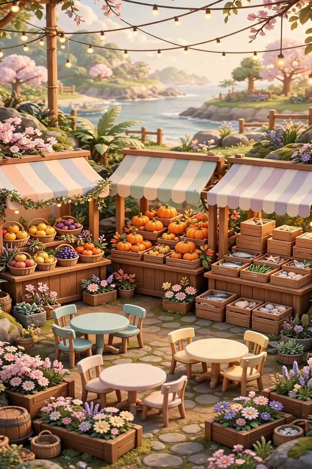 20 Acnh Ideas for Empty Space on Your Island 10 Farmers market with wooden stalls, fruit baskets and string lights on a game island