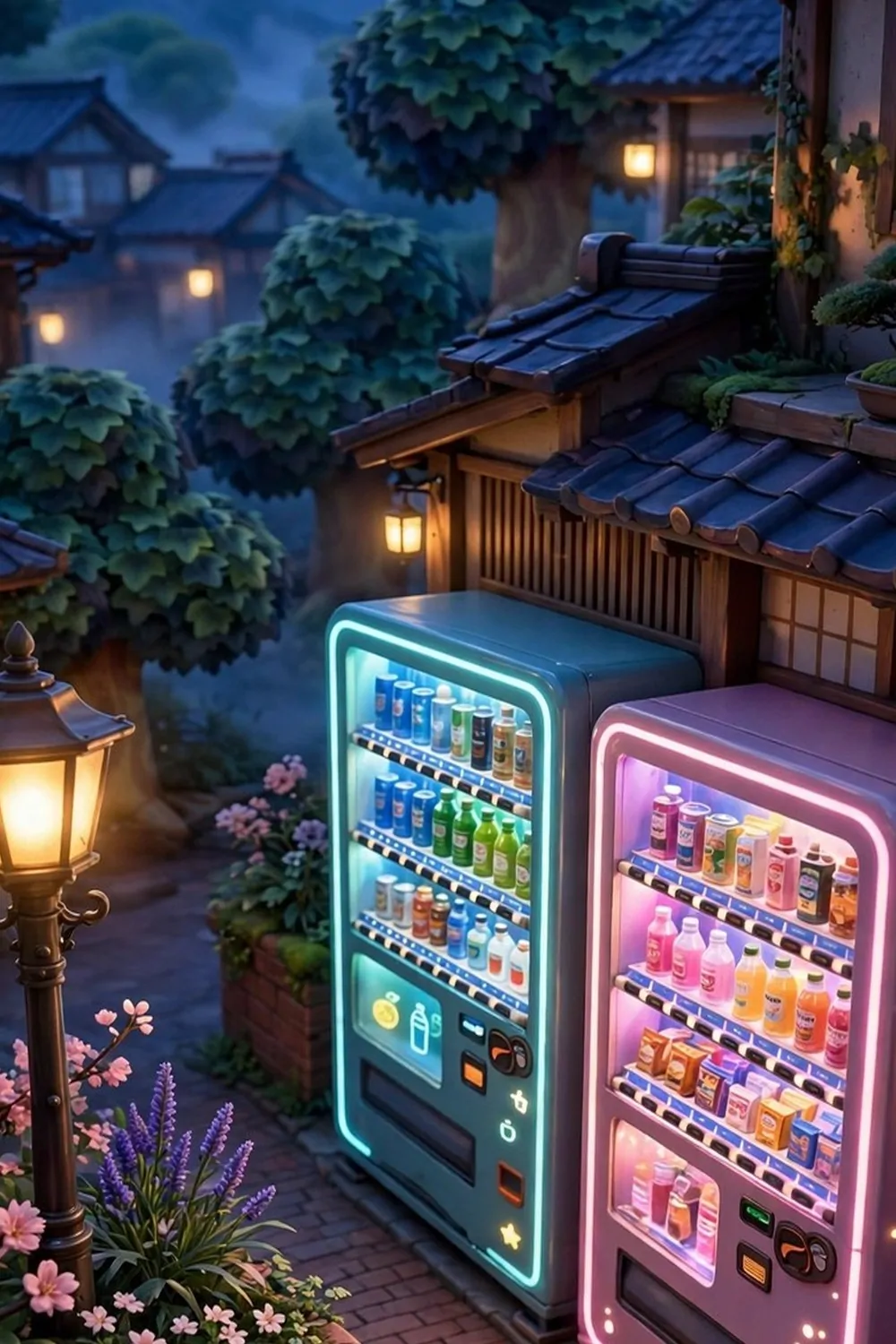 20 Acnh Ideas for Empty Space on Your Island 11 Vending machine alley at dusk with glowing machines and street lamp on a game island