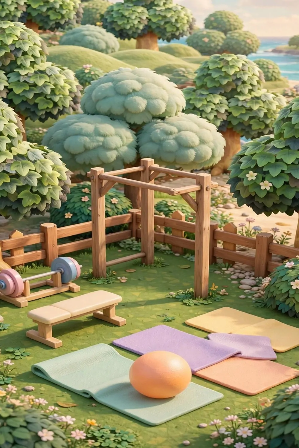 20 Acnh Ideas for Empty Space on Your Island 12 Outdoor gym with barbell, weight bench and exercise mats on a game island