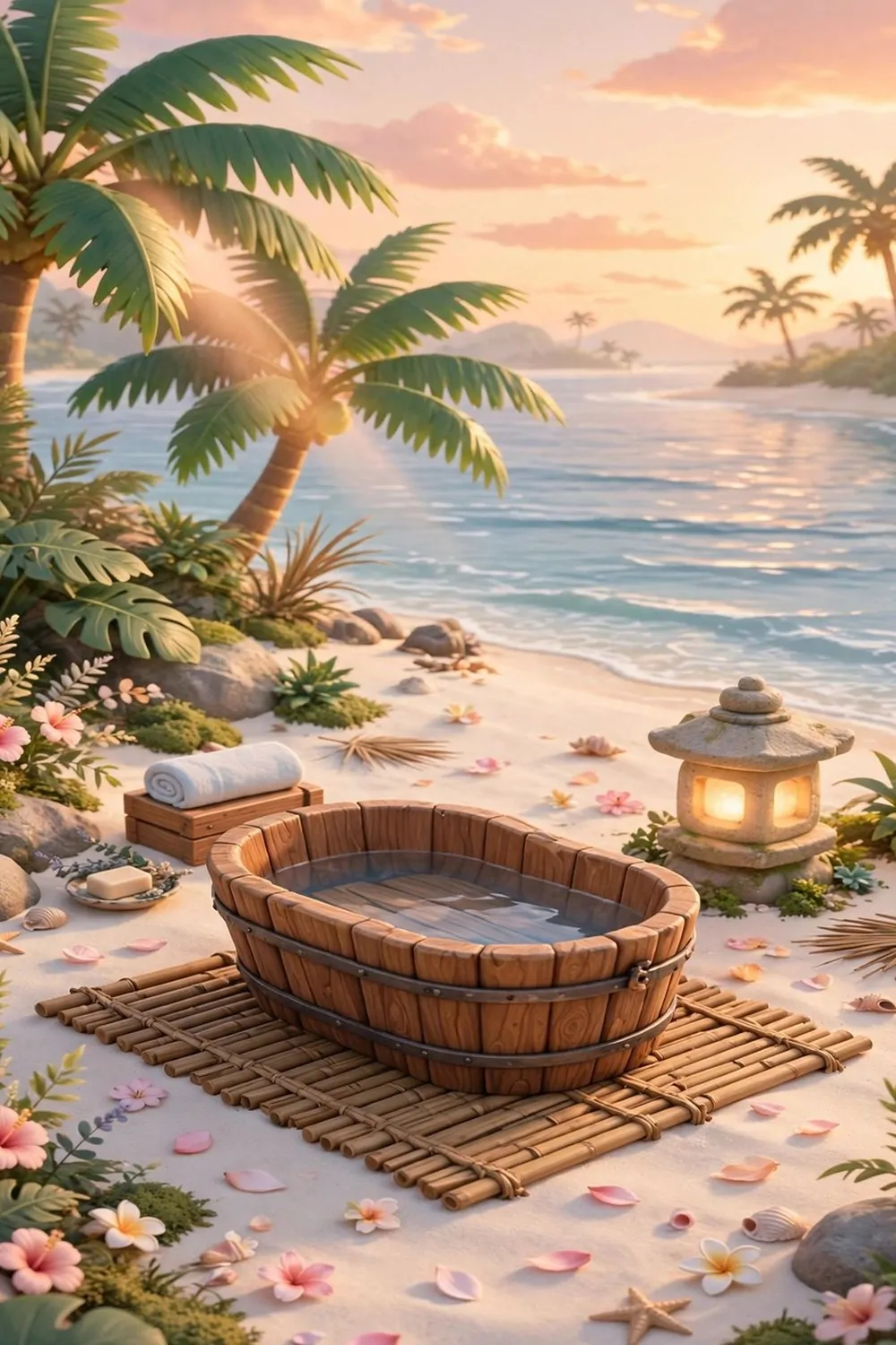 20 Acnh Ideas for Empty Space on Your Island 13 Beach spa corner with wooden bathtub, bamboo mat and stone lantern on a game island