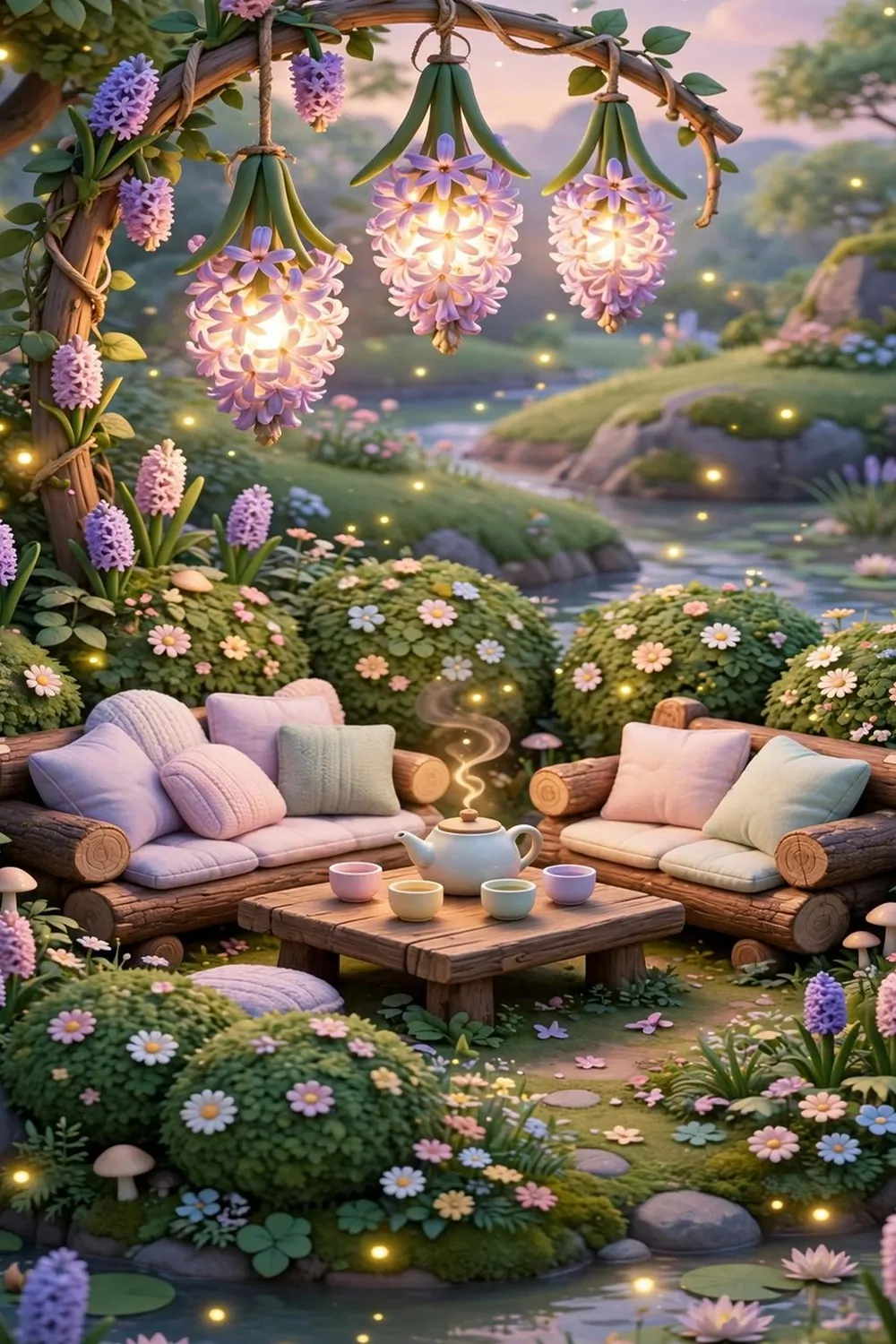 20 Acnh Ideas for Empty Space on Your Island 14 Cozy tea spot with log benches, teapot and glowing lamps on a game island