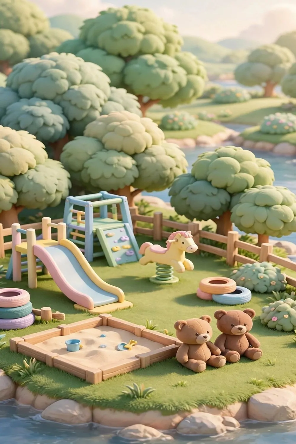 20 Acnh Ideas for Empty Space on Your Island 15 Playground with slide, jungle gym, sand pit and teddy bears on a game island