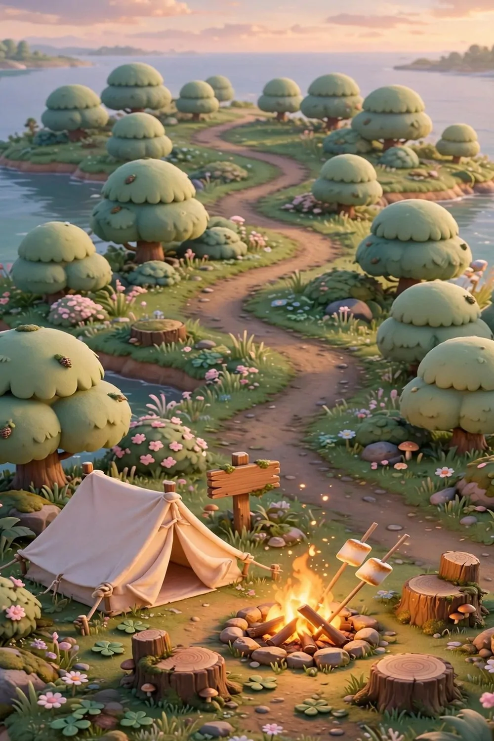 20 Acnh Ideas for Empty Space on Your Island 16 Campsite corner with tent, bonfire and log stump seats on a game island
