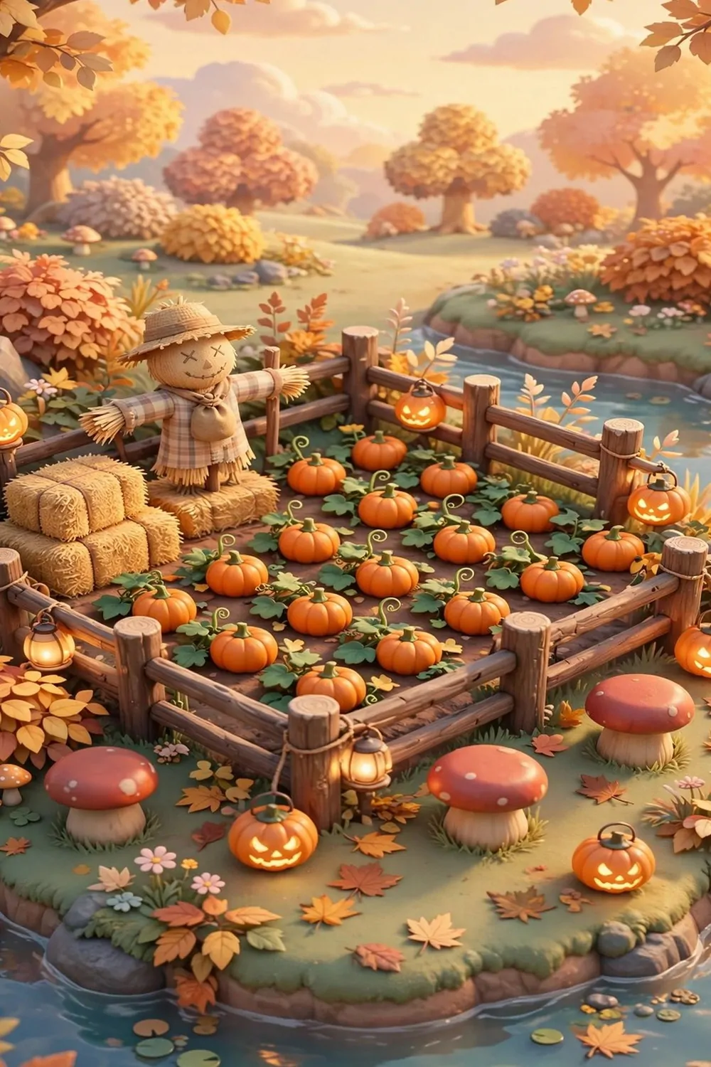 20 Acnh Ideas for Empty Space on Your Island 17 Pumpkin patch with scarecrow, hay bales and glowing lanterns on a game island