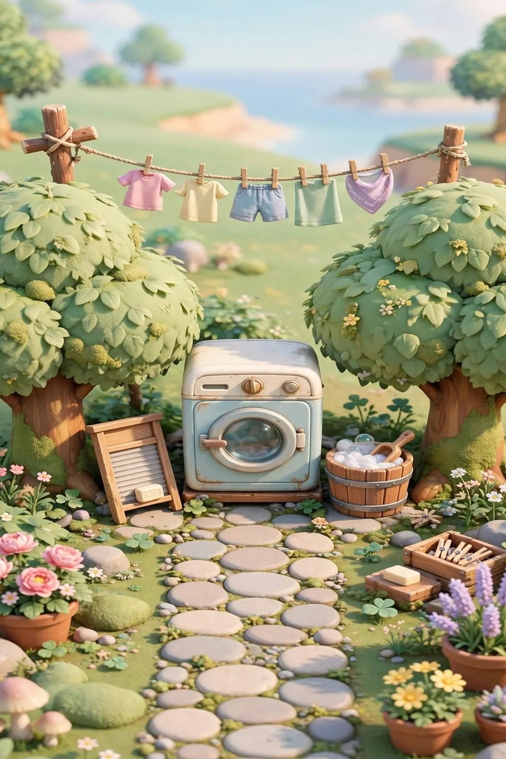 20 Acnh Ideas for Empty Space on Your Island 18 Laundry nook with washing machine and clothesline on a game island