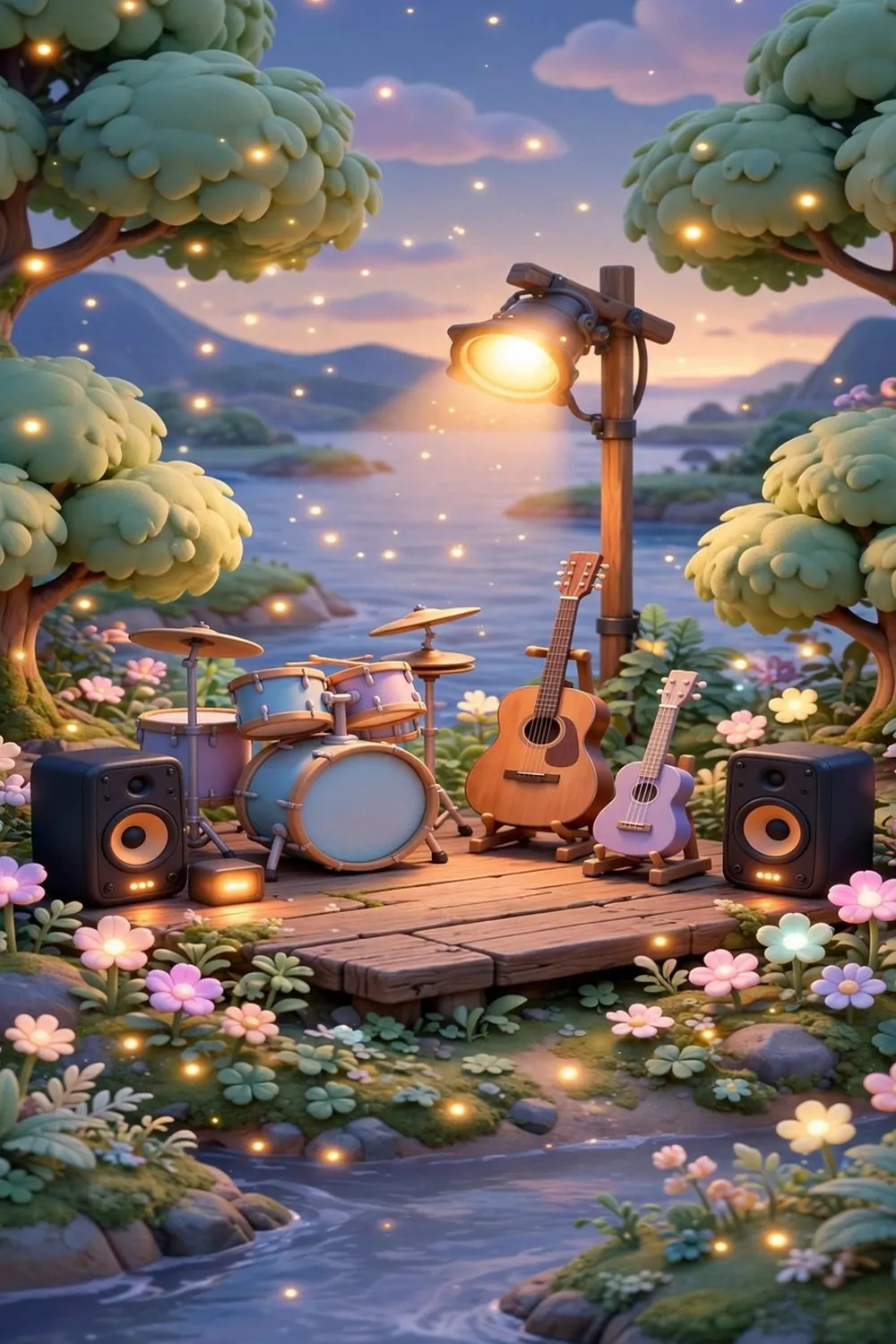 20 Acnh Ideas for Empty Space on Your Island 19 Music spot at dusk with drum set, guitar and speakers on a game island