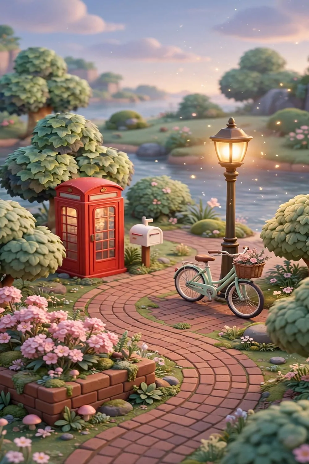 20 Acnh Ideas for Empty Space on Your Island 20 Bike stop corner with bicycle, streetlamp and red phone booth on a game island