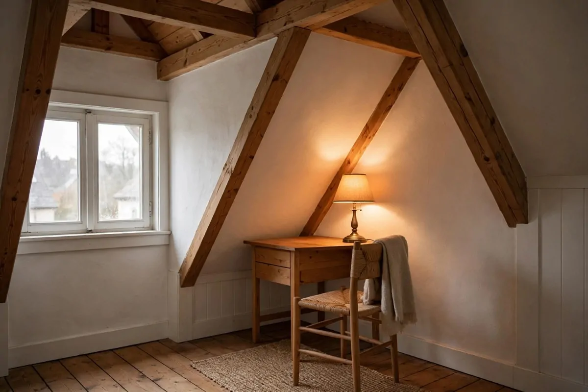 20 Attic Office Ideas That Turn Dusty Corners Into Dream Workspaces 1 Wooden desk tucked under a sloped attic ceiling in a cozy office nook