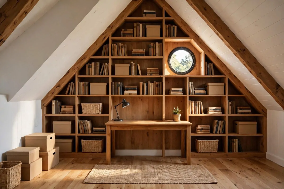 20 Attic Office Ideas That Turn Dusty Corners Into Dream Workspaces 2 Triangular gable wall in an attic office fitted with wooden shelves