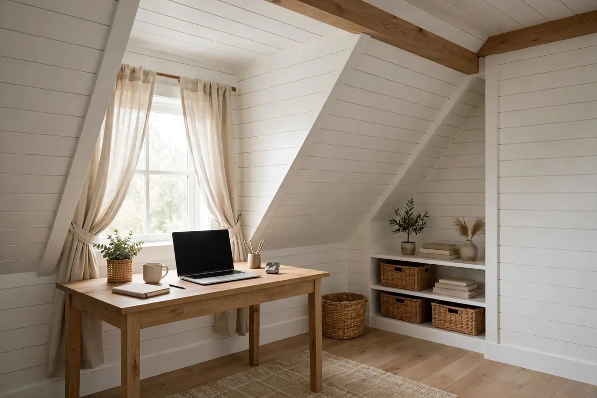 20 Attic Office Ideas That Turn Dusty Corners Into Dream Workspaces 3 White shiplap cladding on angled walls of an attic home office