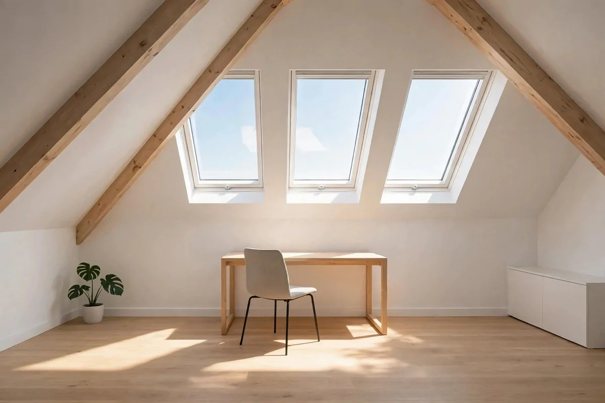 20 Attic Office Ideas That Turn Dusty Corners Into Dream Workspaces 4 Roof skylights flooding an attic office with natural daylight