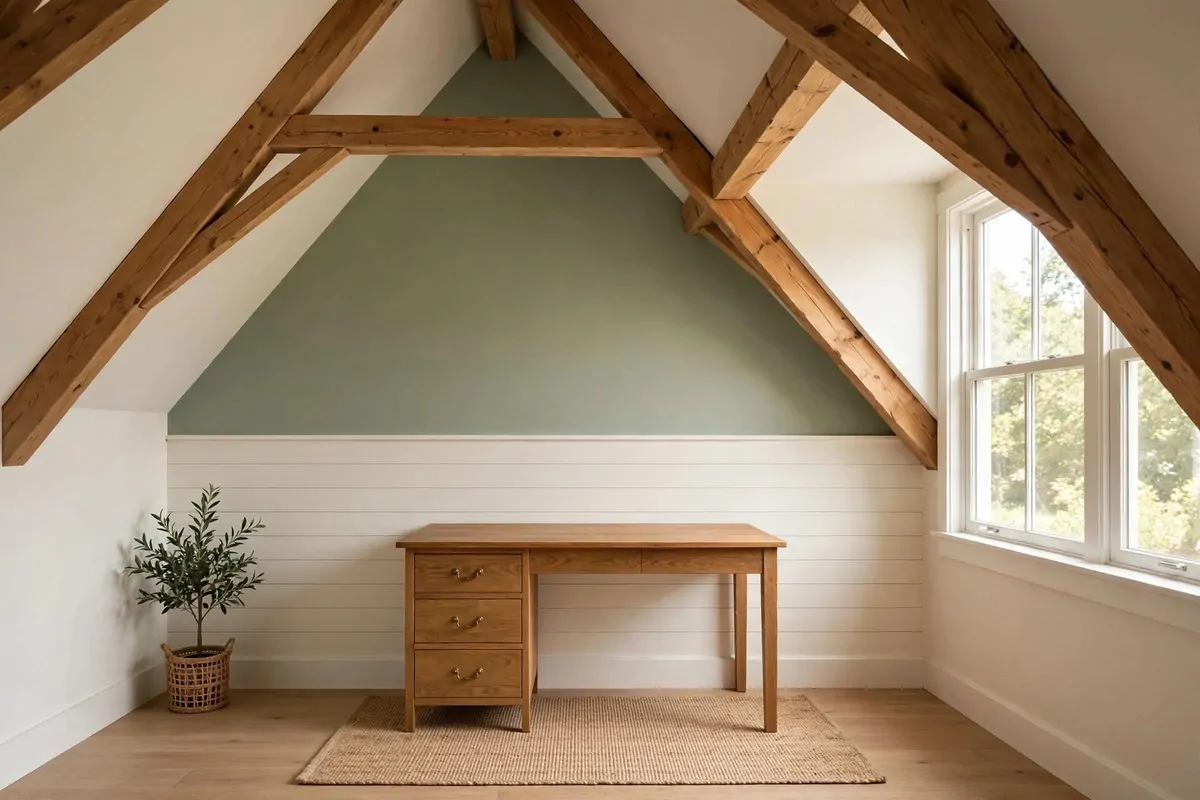 20 Attic Office Ideas That Turn Dusty Corners Into Dream Workspaces 6 Two tone painted accent wall in sage green and white in an attic office