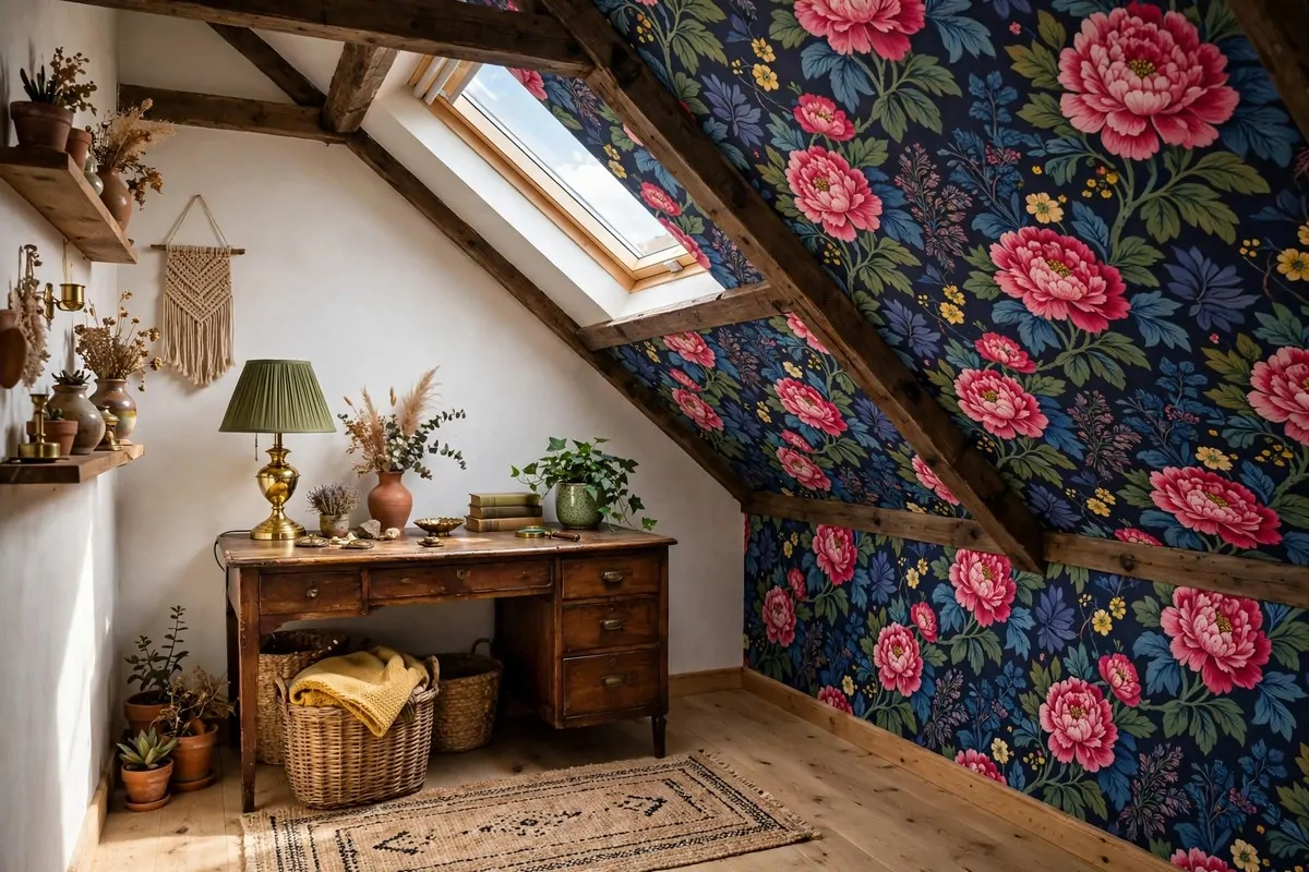 20 Attic Office Ideas That Turn Dusty Corners Into Dream Workspaces 7 Bold floral wallpaper on a sloped wall of an attic home office