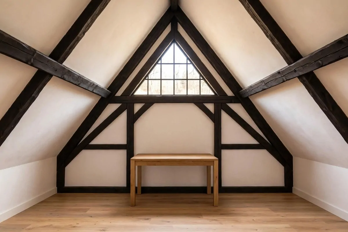 20 Attic Office Ideas That Turn Dusty Corners Into Dream Workspaces 8 Triangular gable wall framed with dark wood trim in an attic office