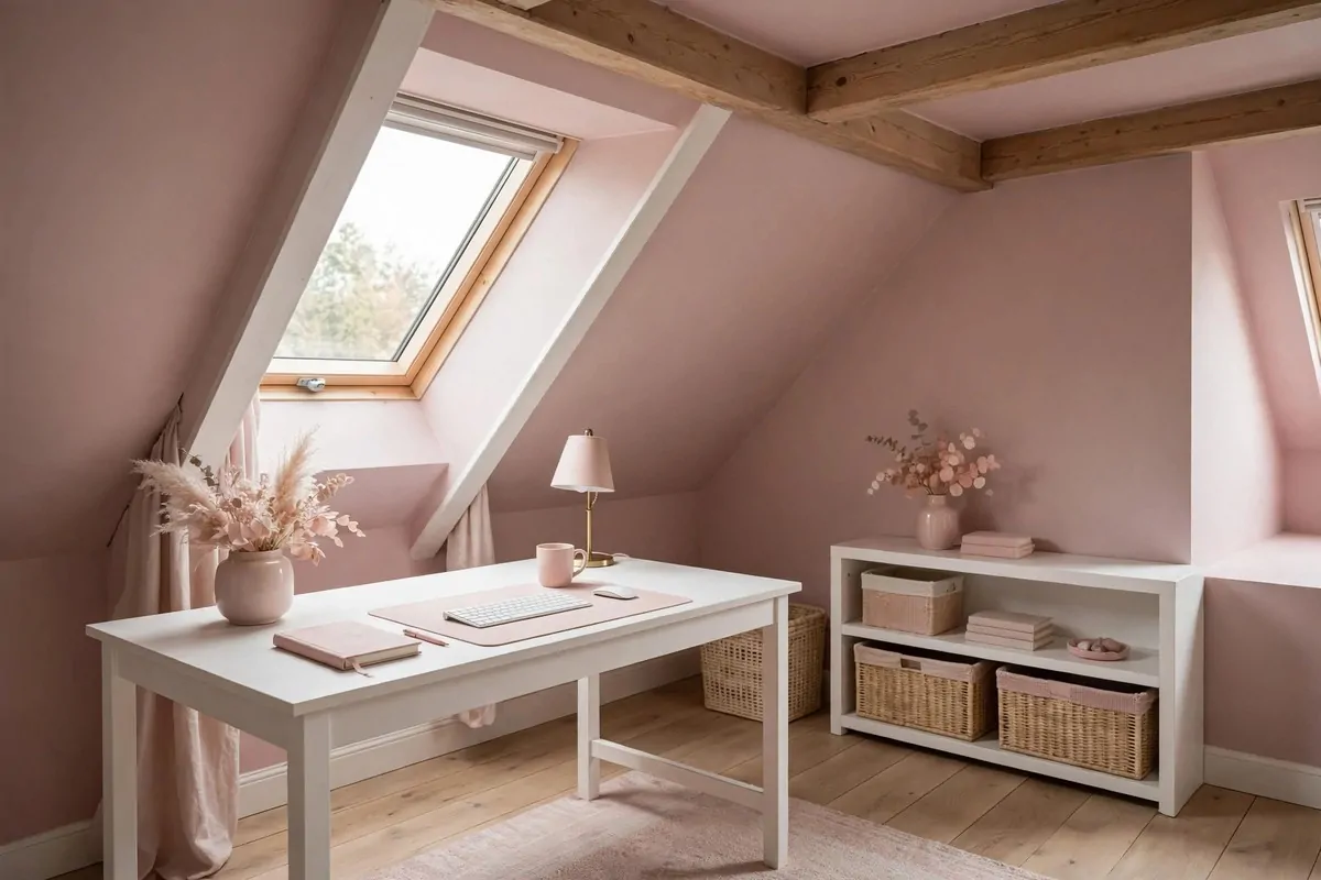 20 Attic Office Ideas That Turn Dusty Corners Into Dream Workspaces 9 Attic home office drenched in soft pink on walls and ceiling