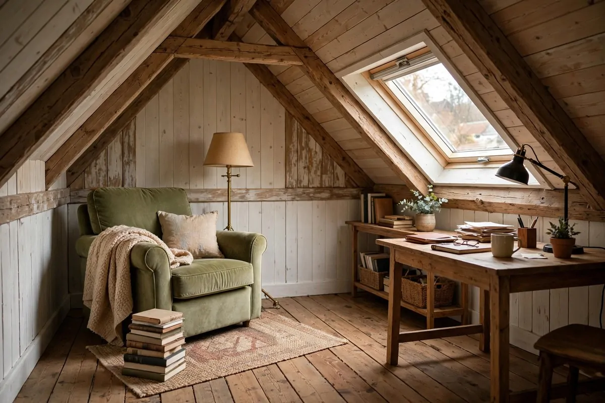 20 Attic Office Ideas That Turn Dusty Corners Into Dream Workspaces 11 Reading nook with armchair and lamp under the eaves of an attic office