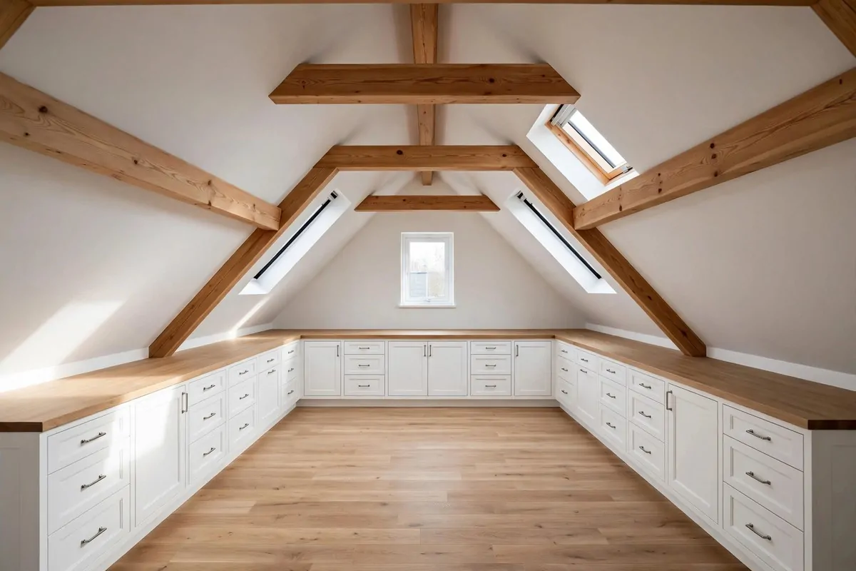 20 Attic Office Ideas That Turn Dusty Corners Into Dream Workspaces 12 Built in storage cabinets along the low knee walls of an attic office