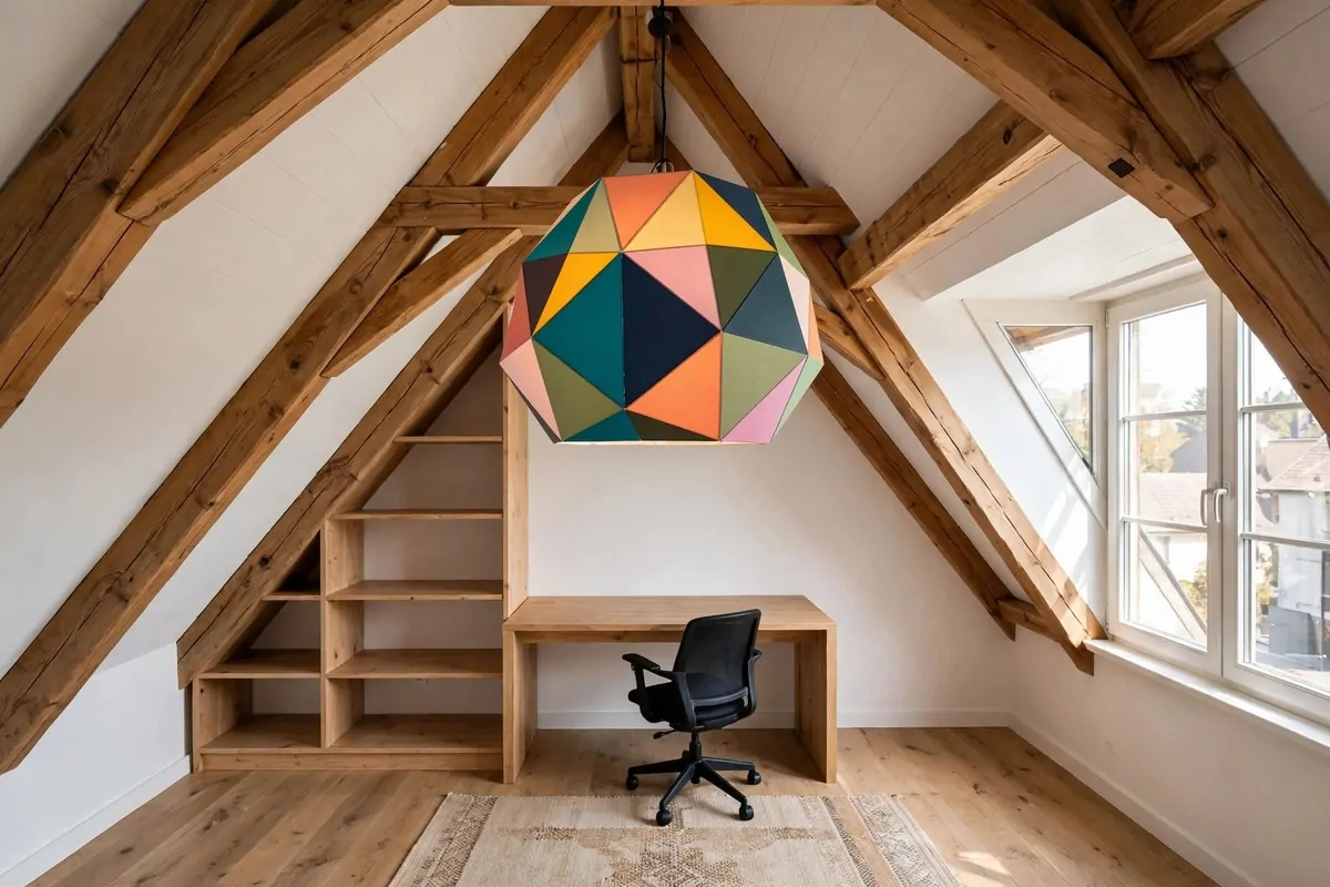 20 Attic Office Ideas That Turn Dusty Corners Into Dream Workspaces 13 Fun statement pendant light hanging in an attic home office
